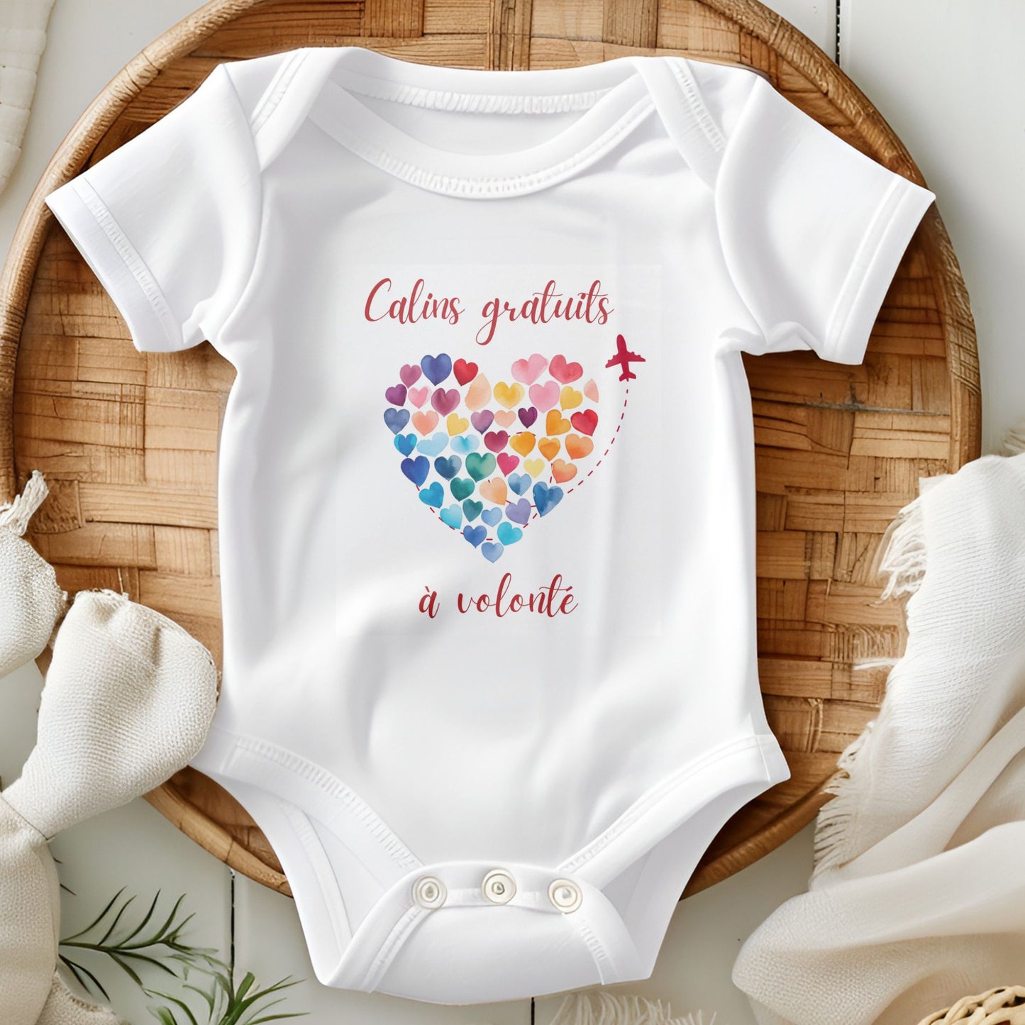 Body bébé blanc 100% coton - "Câlins gratuits à volonté" avec cœur, Cadeau mignon et irrésistible