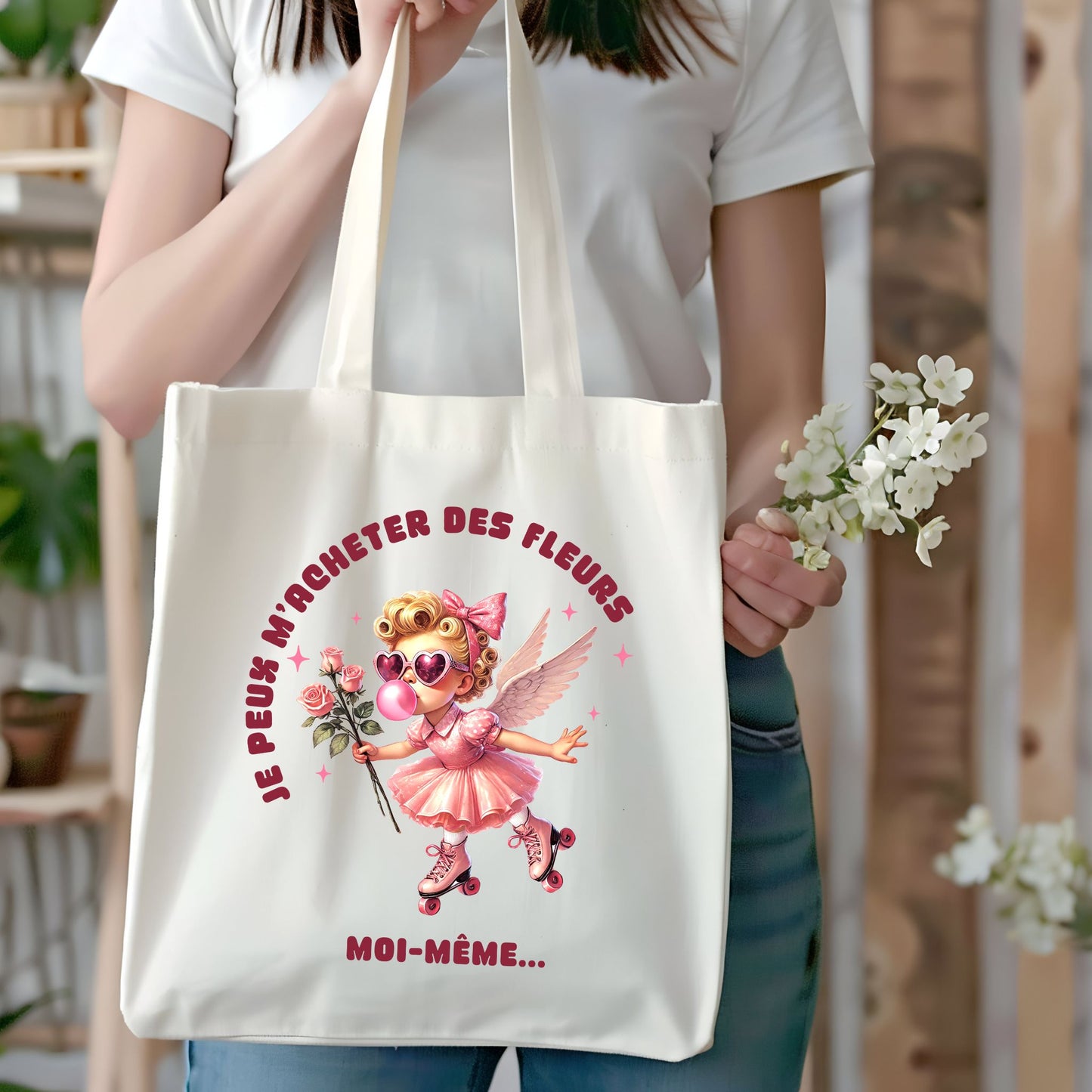 Idée cadeau originale pour femme : tote bag en coton avec message inspirant "Je peux m'acheter des fleurs moi-même"
