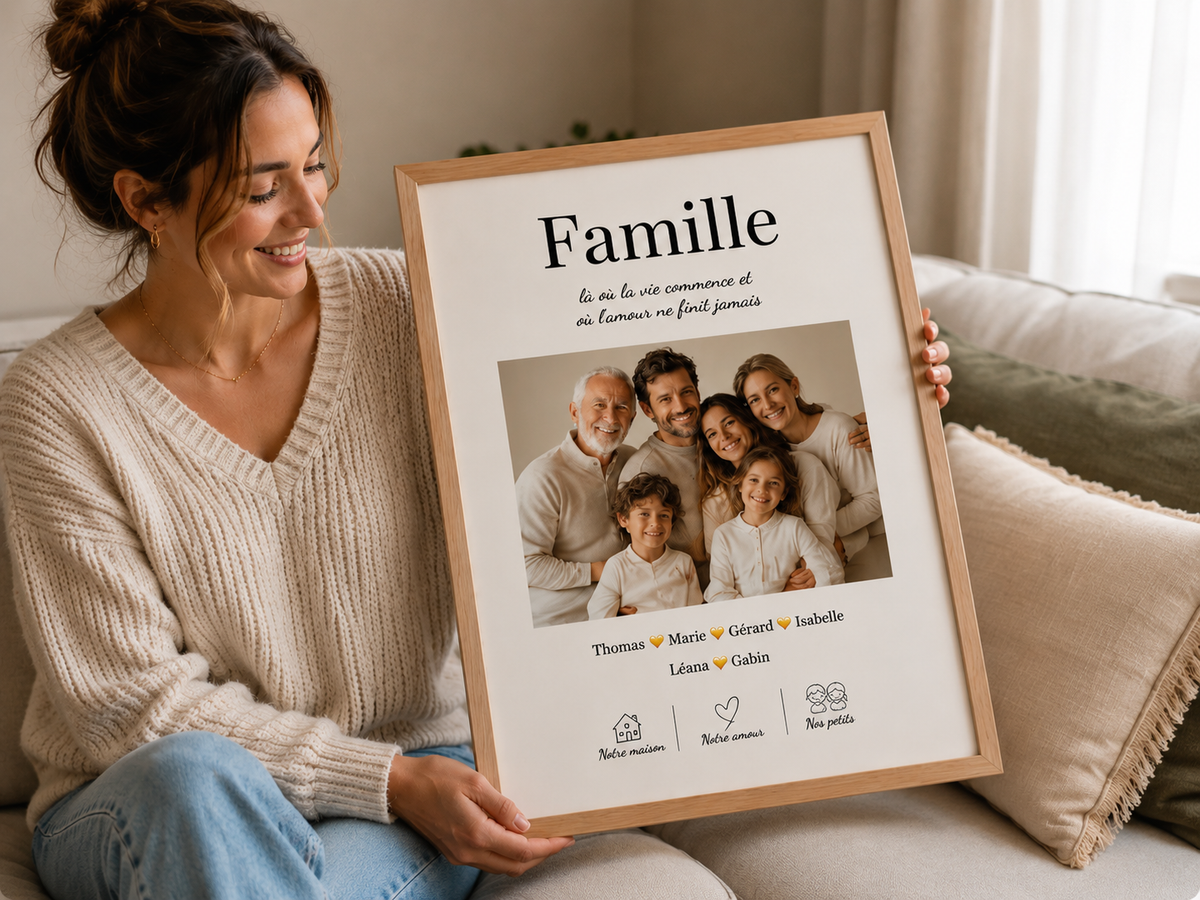 Cadeau personnalisé à sa famille avec affiche photo et prénoms, une idée cadeau souvenir pleine d’émotion