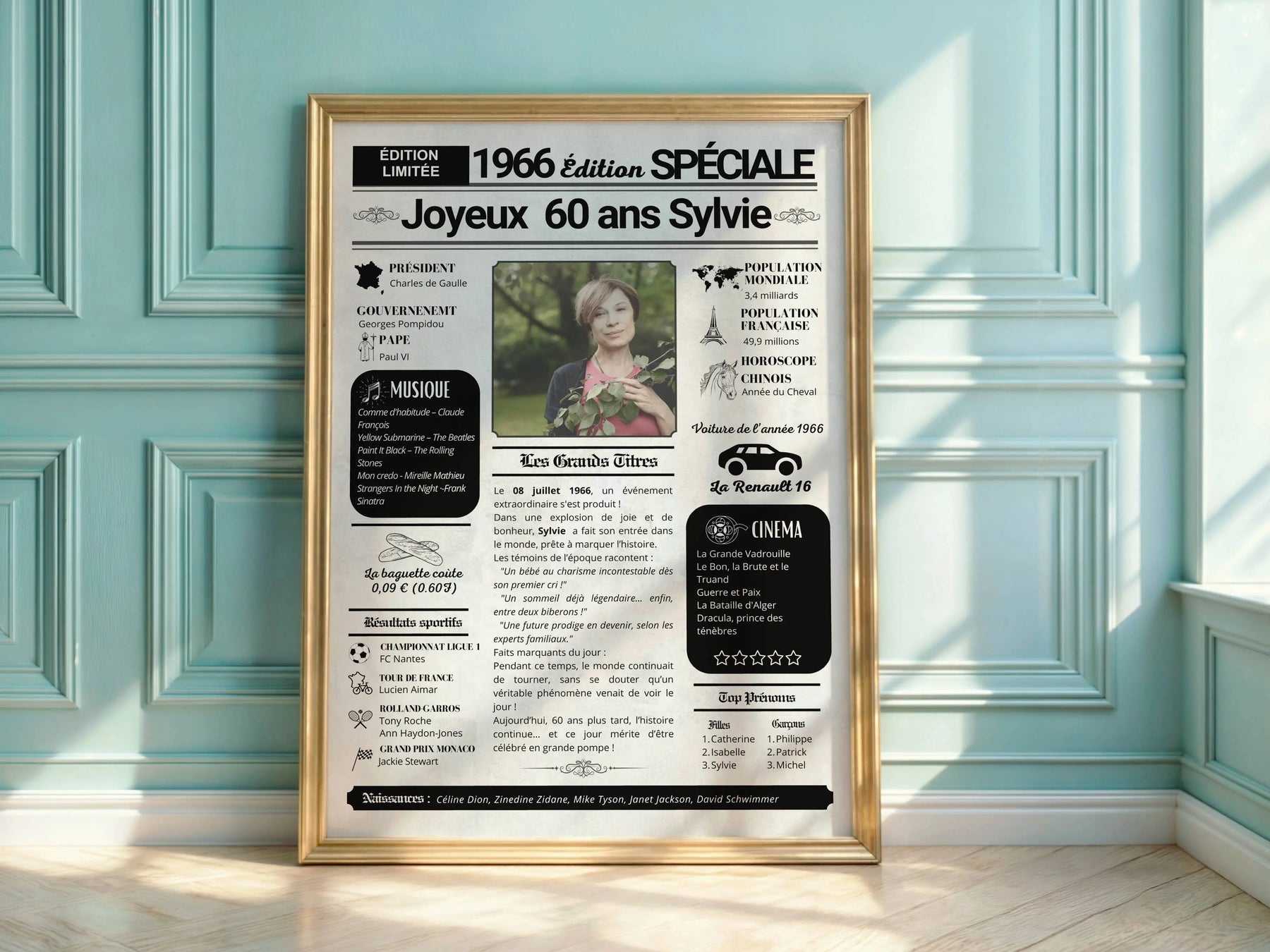Affiche journal de l’année 1966 avec photo – Cadeau 60 ans