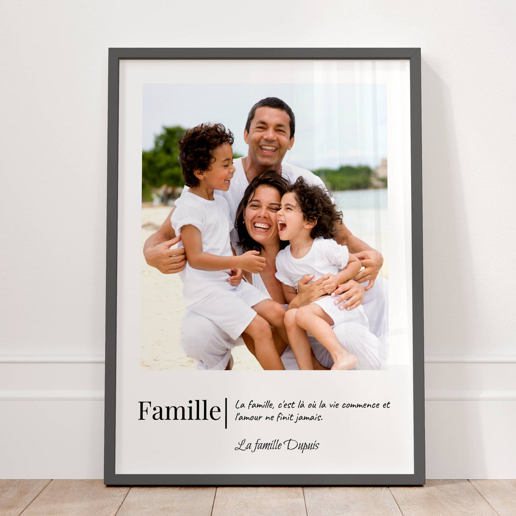Affiche famille personnalisée avec photo et prénoms, décoration murale familiale élégante