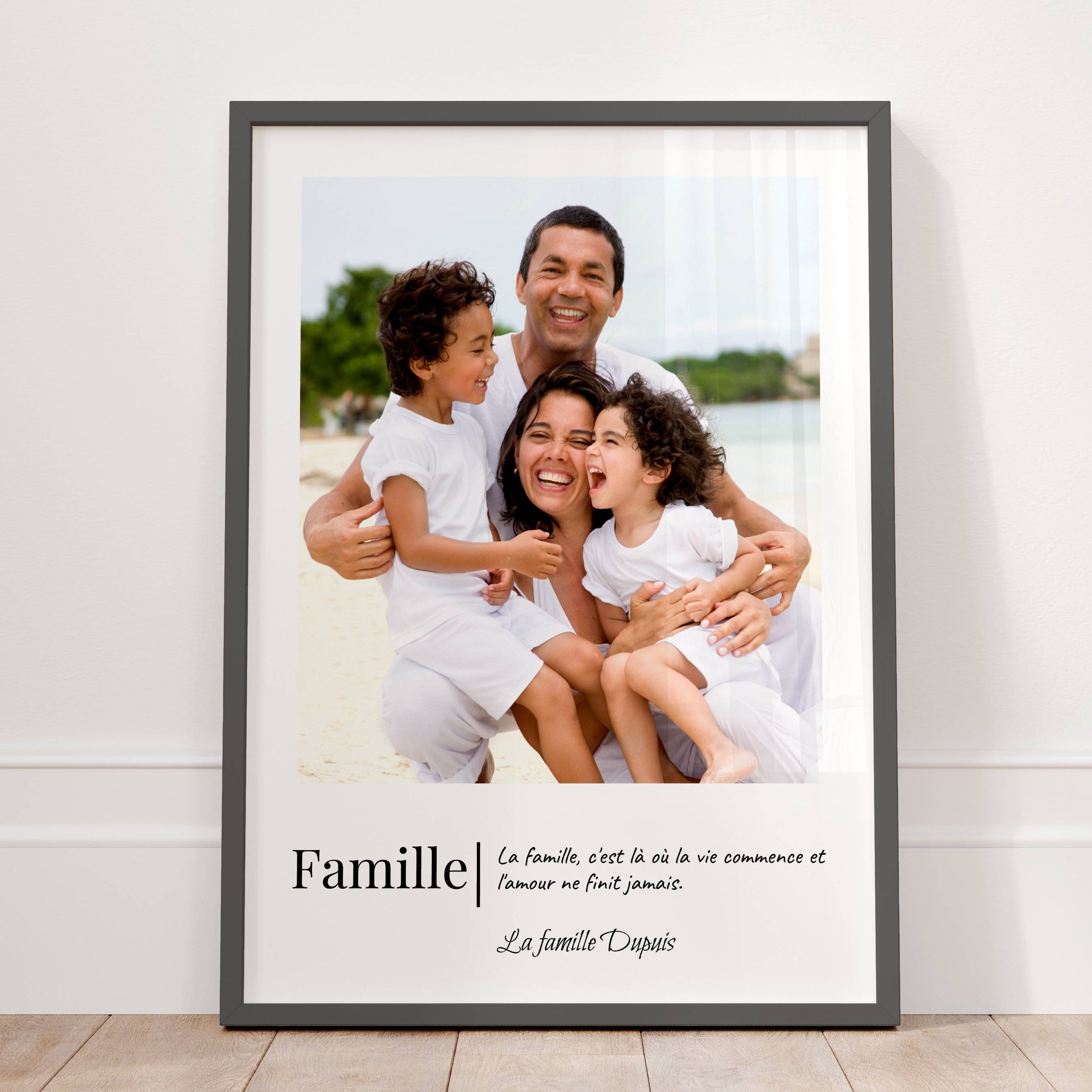 Affiche famille personnalisée avec photo et prénoms, décoration murale familiale élégante