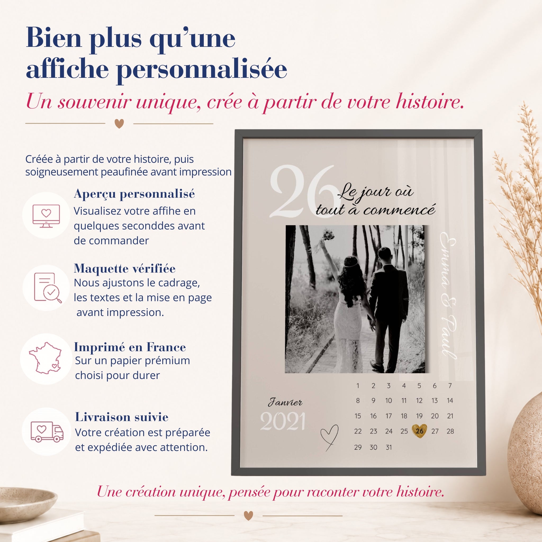 AFFICHE COUple personnalisée avec aperçu avant commande, maquette vérifiée, impression en France et livraison suivie