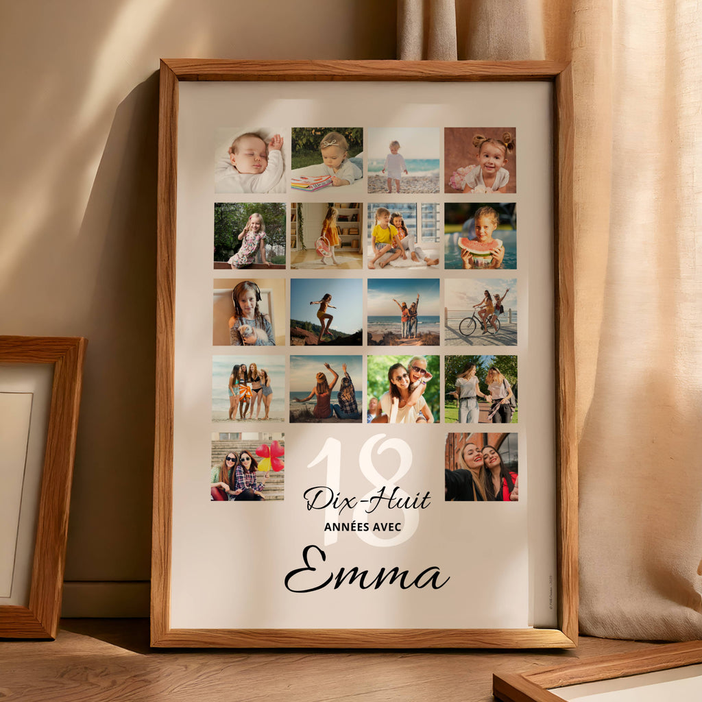 Affiche anniversaire 18 ans personnalisée avec mosaïque de photos et prénom  présentée dans un cadre en bois naturel.