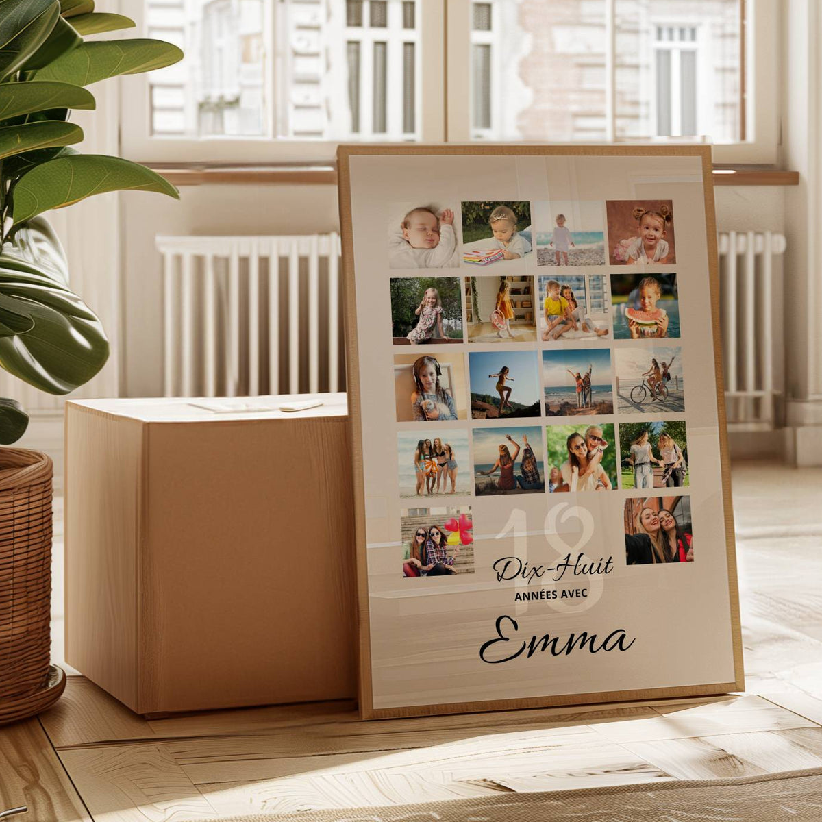 Poster anniversaire 18 ans avec photos d'enfance et souvenirs, personnalisé avec le prénom Emma, posé dans un salon lumineux.