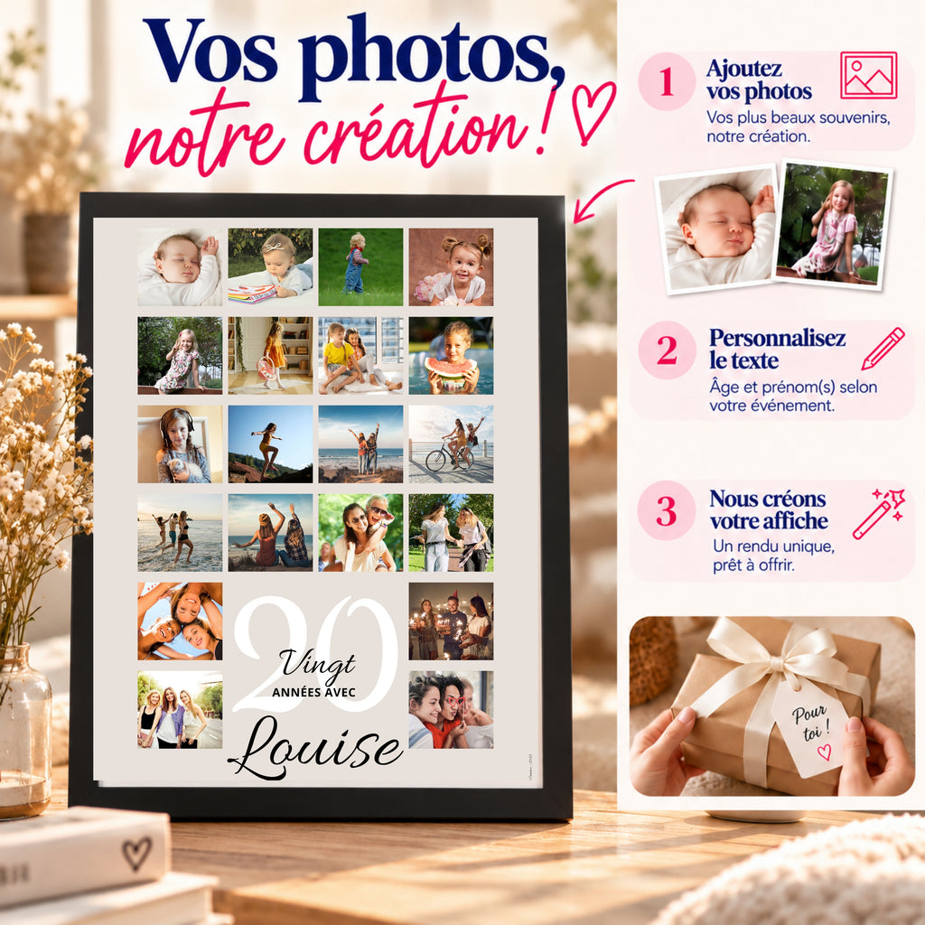 Présentation des trois étapes pour créer une affiche anniversaire 20 ans : ajouter ses photos, personnaliser le texte et recevoir sa création.