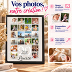 Présentation des trois étapes pour créer une affiche anniversaire 20 ans : ajouter ses photos, personnaliser le texte et recevoir sa création.
