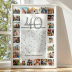 Affiche 40 raisons pour lesquelles nous t'aimons avec photos personnalisées, présentée dans un cadre blanc près d'une fenêtre.