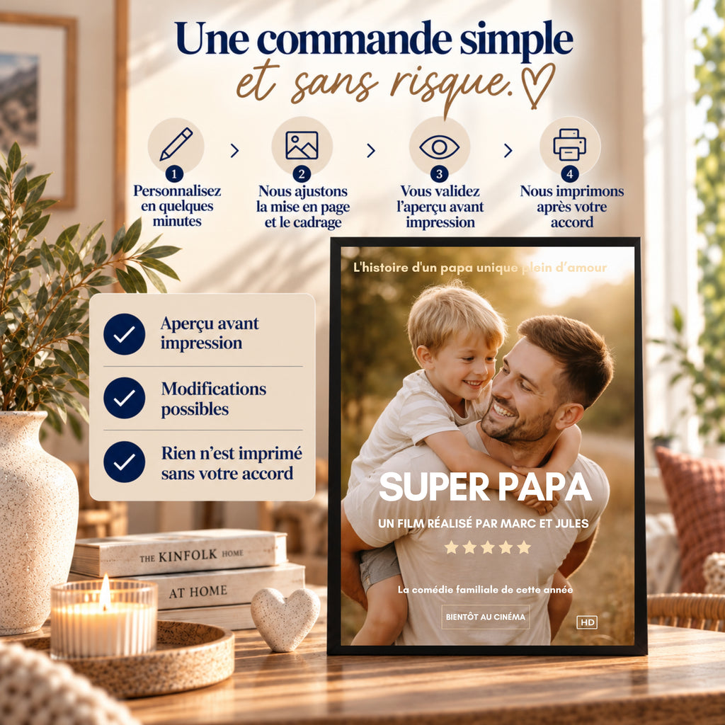 Étapes de commande d’une affiche cinéma personnalisée Super Papa : personnalisation, ajustement de la maquette, validation avant impression et fabrication.
