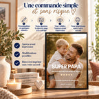 Étapes de commande d’une affiche cinéma personnalisée Super Papa : personnalisation, ajustement de la maquette, validation avant impression et fabrication.