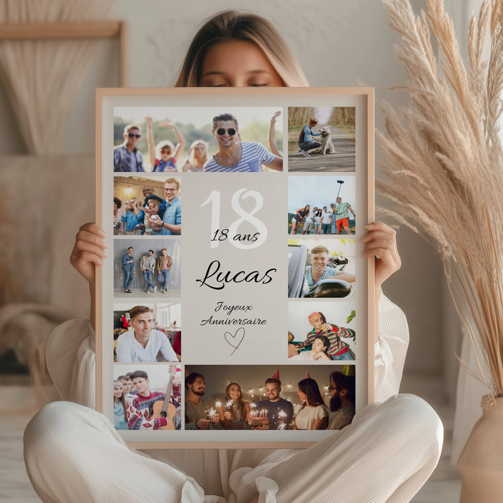 Affiche anniversaire 18 ans avec plusieurs photos personnalisées retraçant les souvenirs et moments forts