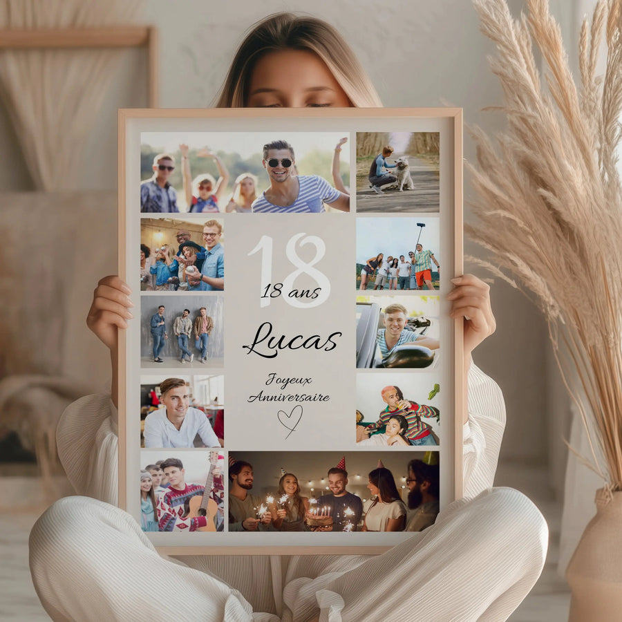Affiche anniversaire 18 ans avec plusieurs photos personnalisées retraçant les souvenirs et moments forts