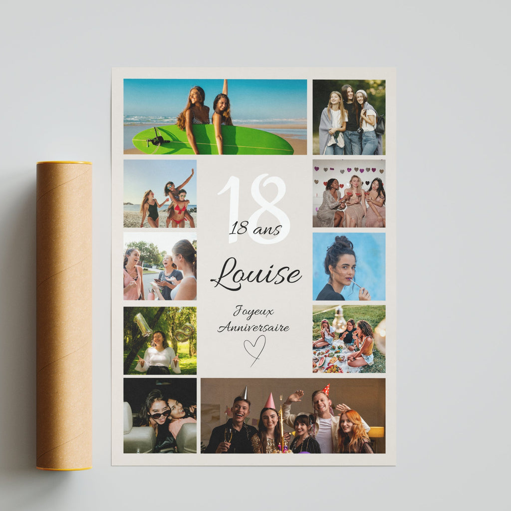 Affiche anniversaire 18 ans avec plusieurs photos personnalisées retraçant les souvenirs et moments forts