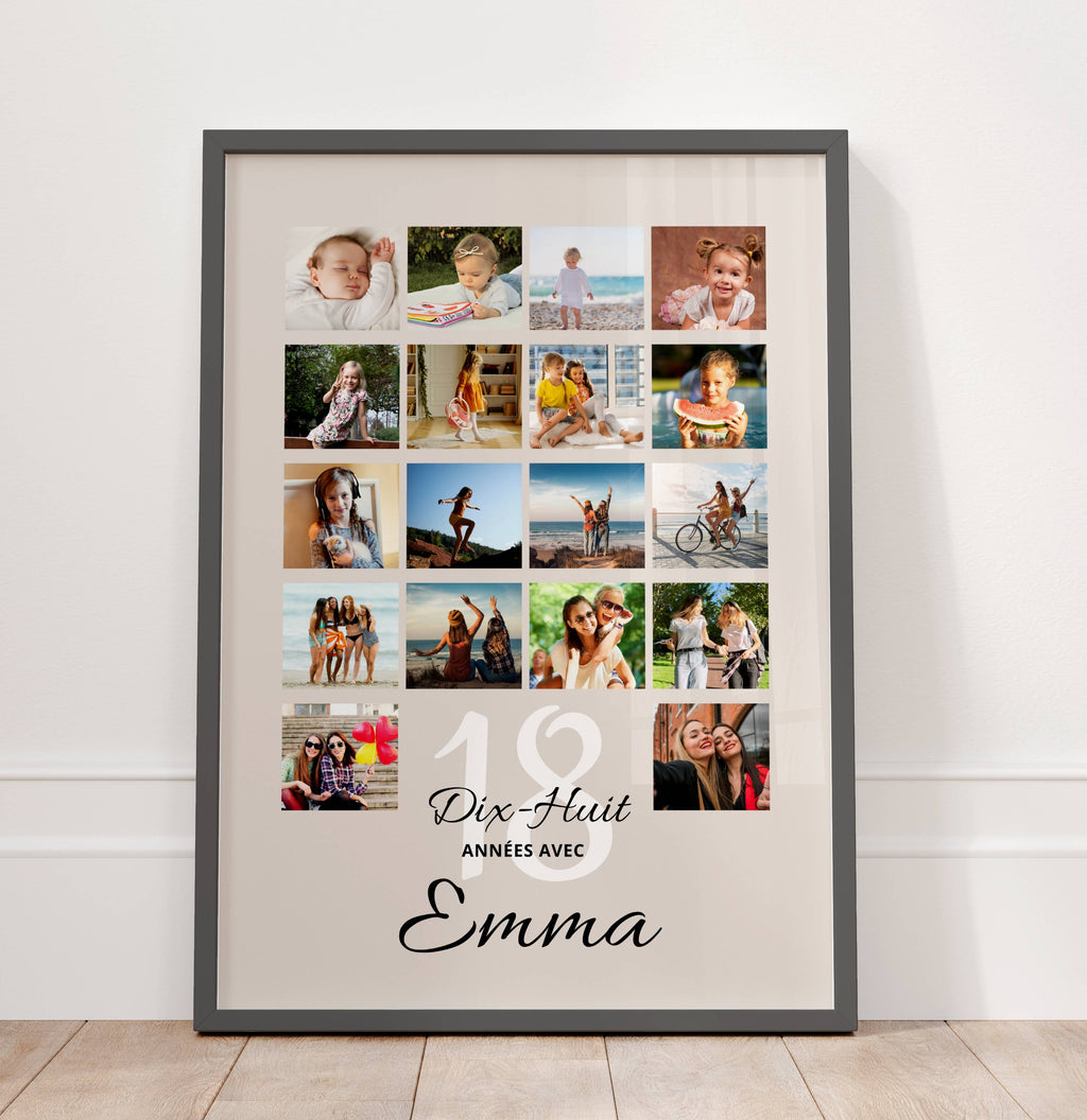 Affiche 18 ans personnalisée avec 18 photos et prénom, cadeau anniversaire original, journal de l’année, impression premium