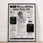 Affiche 40 ans personnalisée avec photo – Journal de l’année 1986, cadeau anniversaire homme ou femme, souvenir rétro élégant