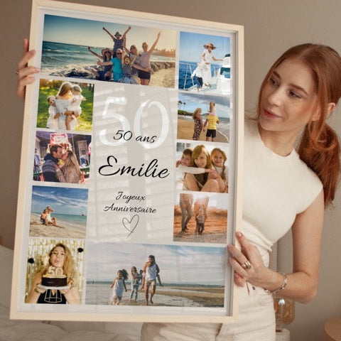 Détail affiche anniversaire 50 ans personnalisée avec photos, typographie élégante et mise en page moderne