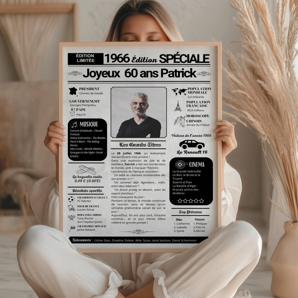 Affiche 60 ans personnalisée journal de l’année 1966 💎 Version Signature – Encadrée prête à offrir, cadeau anniversaire prêt à offrir.