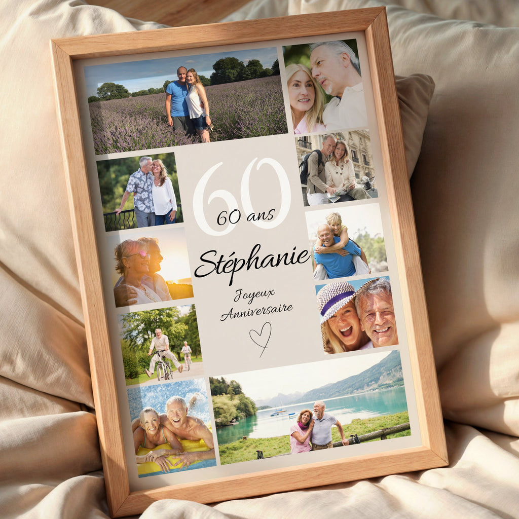 Détail affiche anniversaire 60 ans personnalisée avec photos, typographie élégante et mise en page moderne