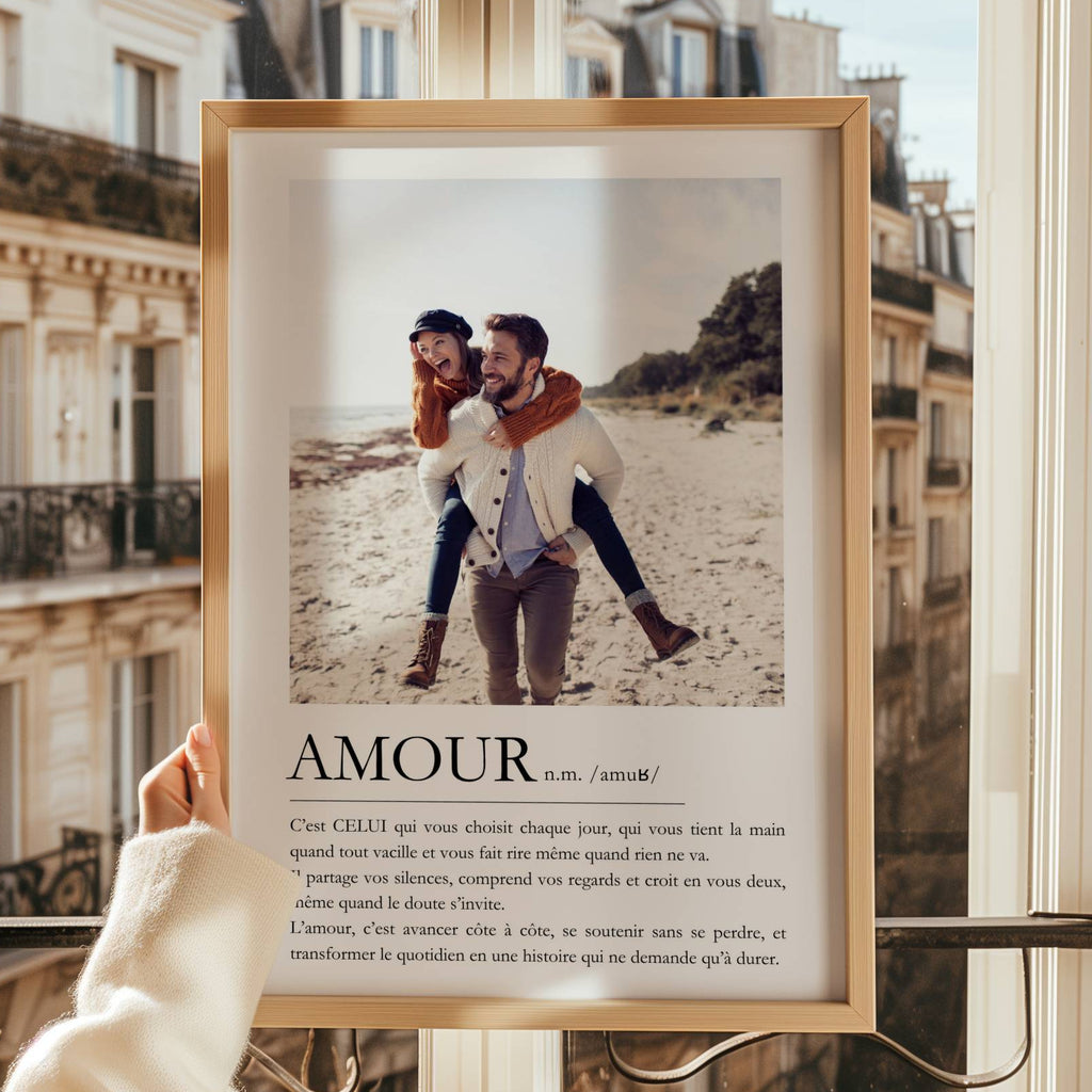 Affiche Amour personnalisée avec photo de couple et définition poétique, cadeau romantique élégant