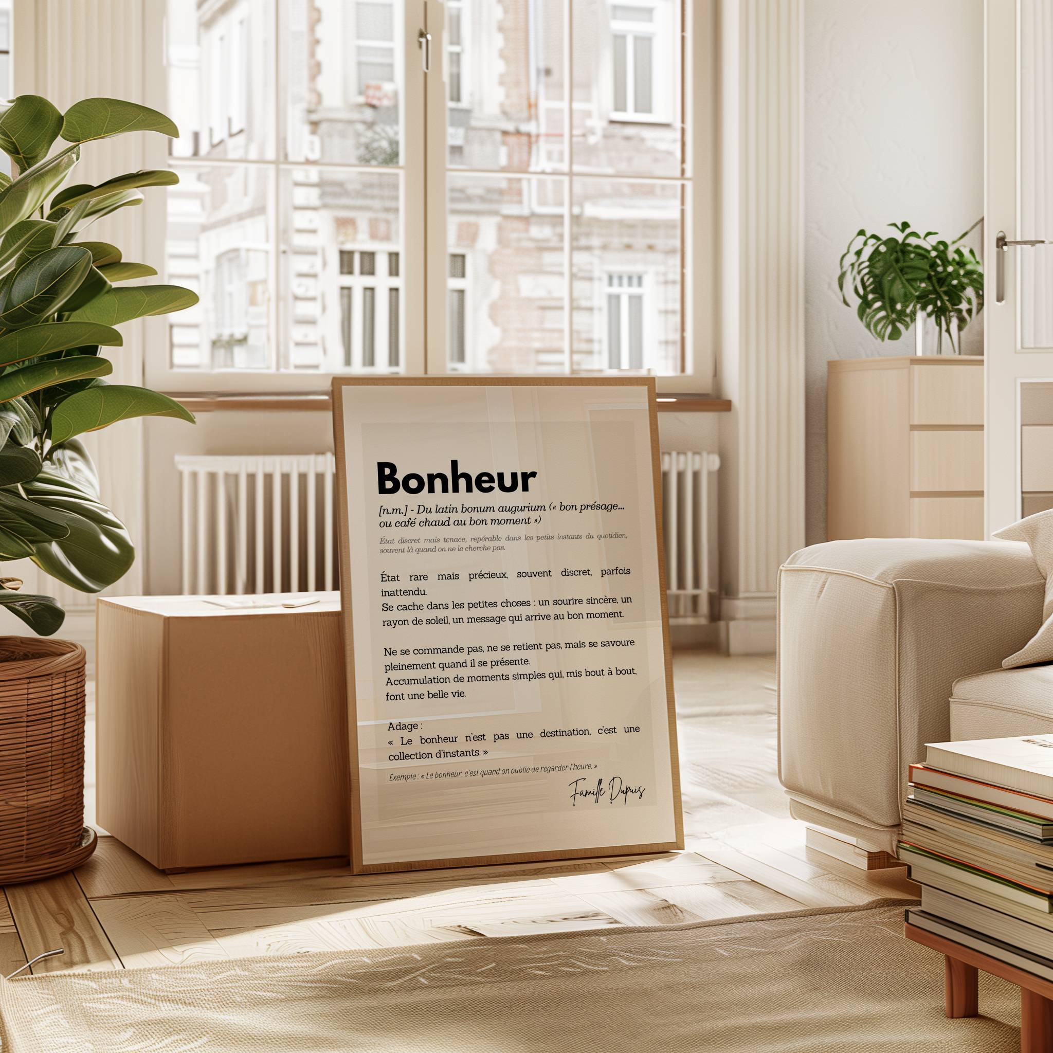 Affiche Définition Bonheur personnalisée avec signature, cadeau déco positif et intemporel