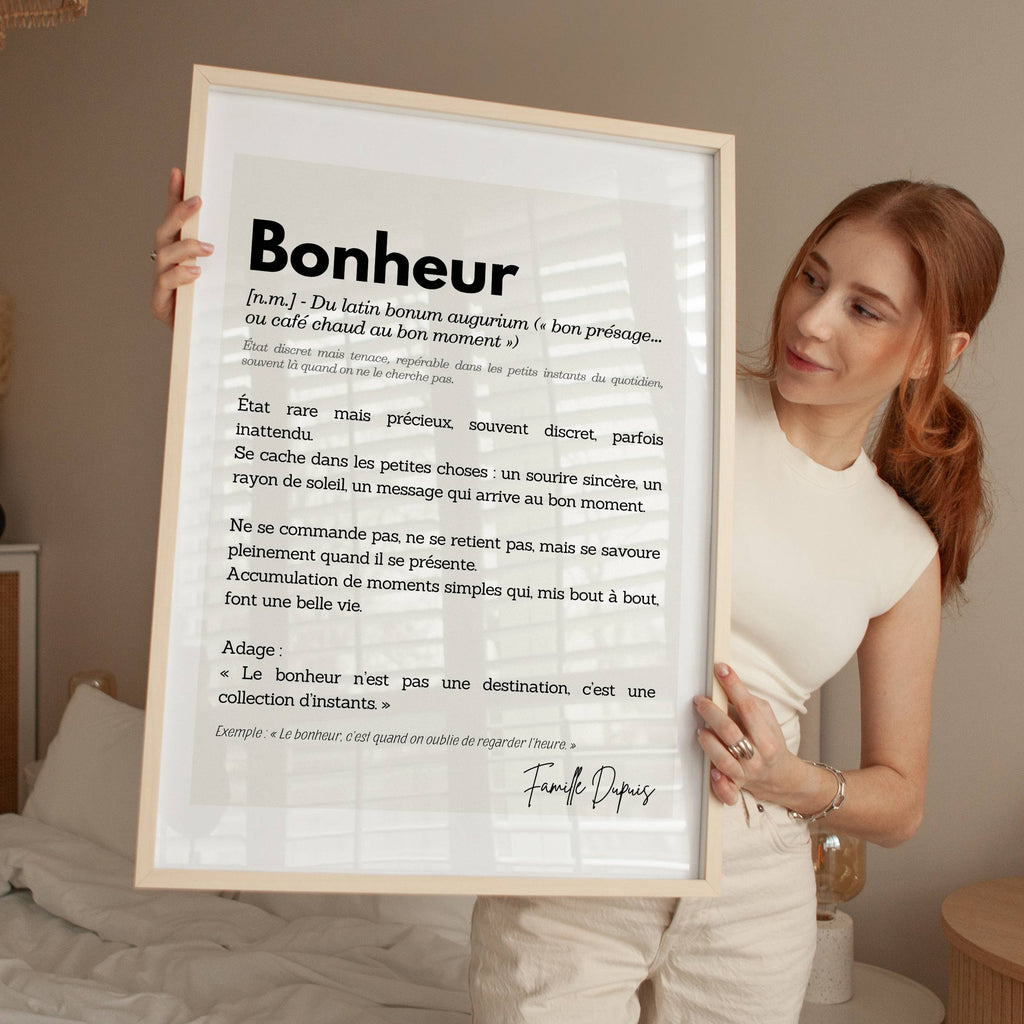 Affiche Bonheur personnalisée encadrée dans un intérieur lumineux, décoration murale bien-être