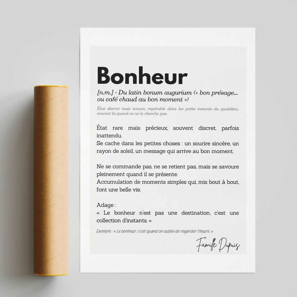 Affiche Définition Bonheur au style minimaliste, message positif et inspirant