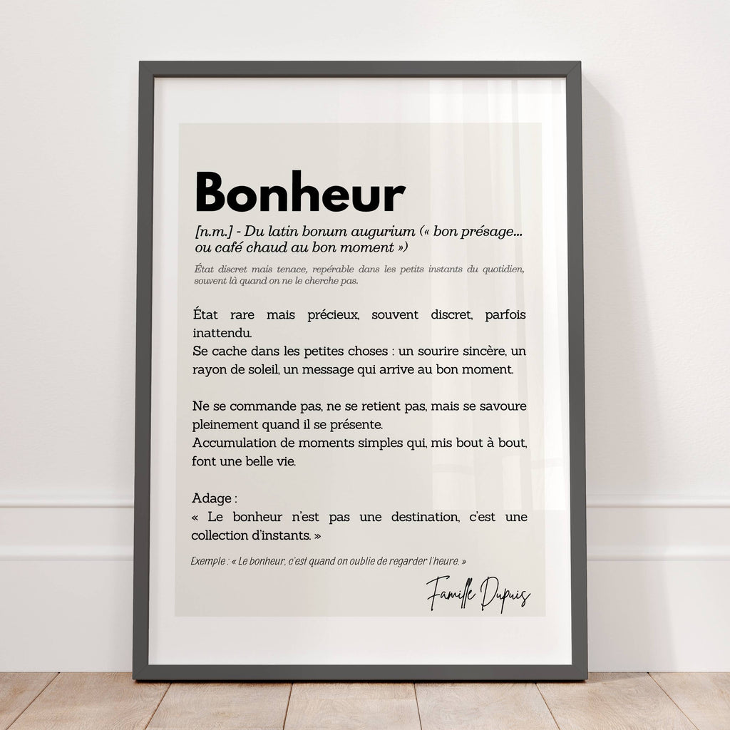 Affiche Bonheur personnalisée avec définition positive, décoration murale inspirante