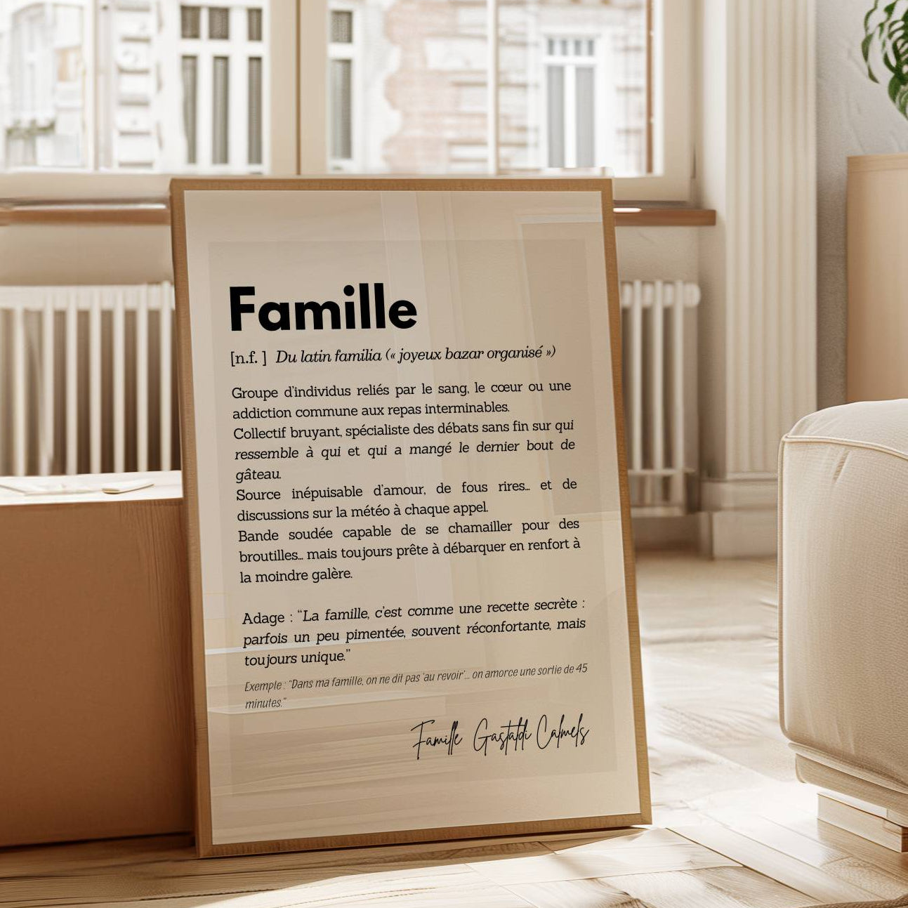 Affiche Définition Famille personnalisée avec nom de famille en signature, cadeau symbolique et intemporel