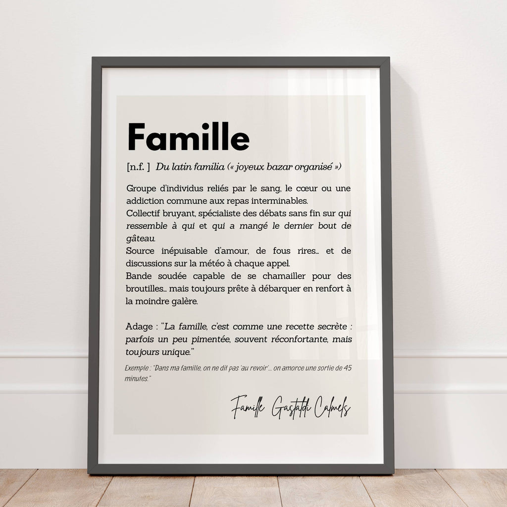 Affiche Famille personnalisée avec définition pleine d’amour et d’humour, décoration murale familiale élégante et intemporelle