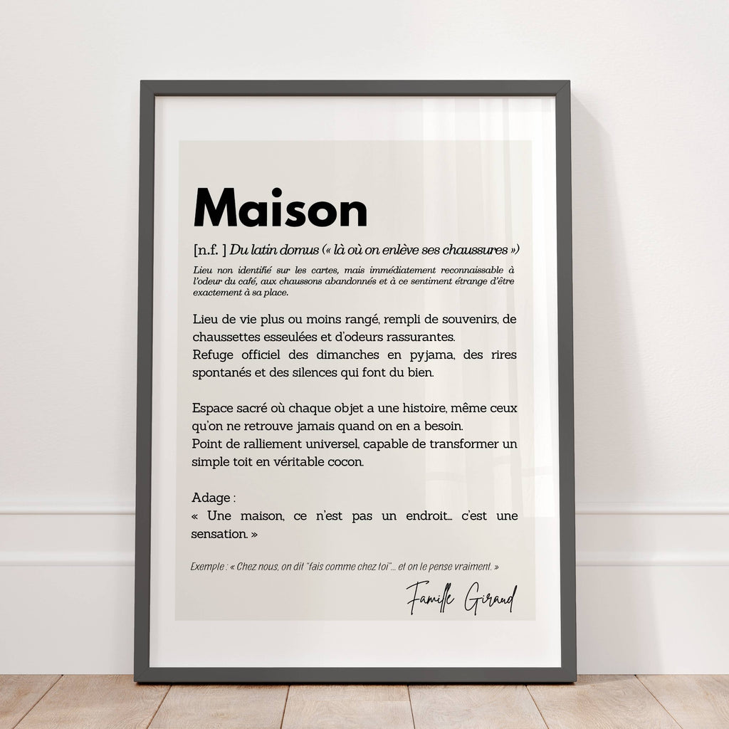 Affiche Maison personnalisée avec définition pleine de sens, décoration murale chaleureuse et élégante