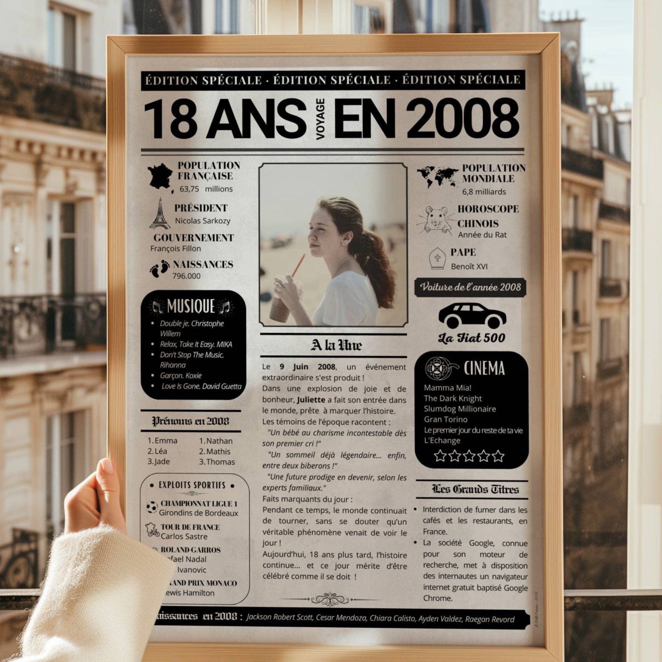 Poster anniversaire majorité 18 ans – Journal de naissance 2008 personnalisé.