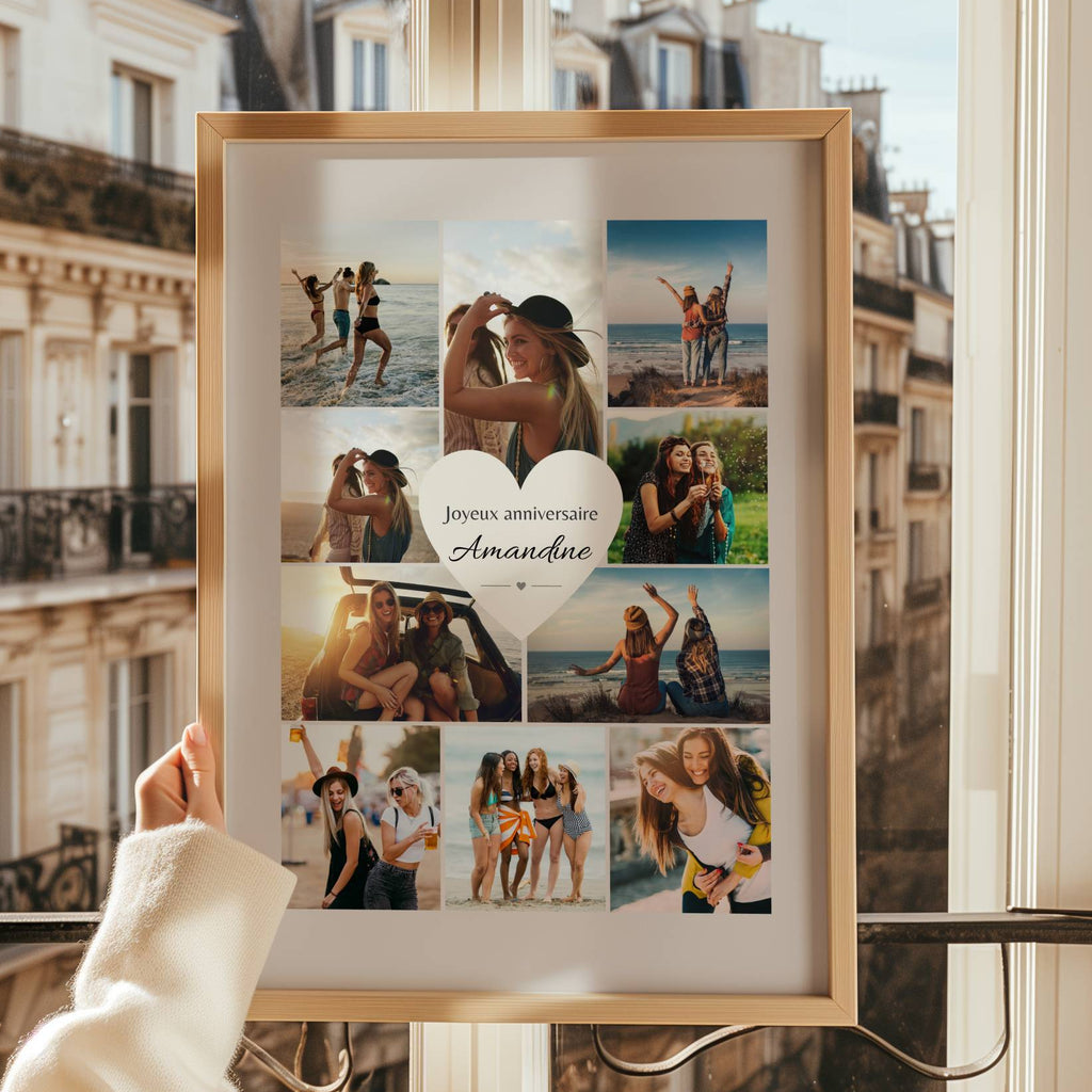 Détail cœur central personnalisé avec prénom sur affiche anniversaire photo