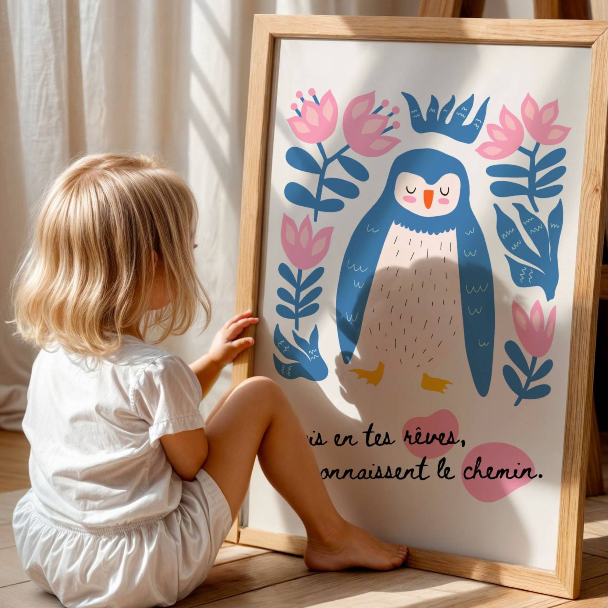 Affiche enfant illustrée aux couleurs douces avec message inspirant pour décoration de chambre