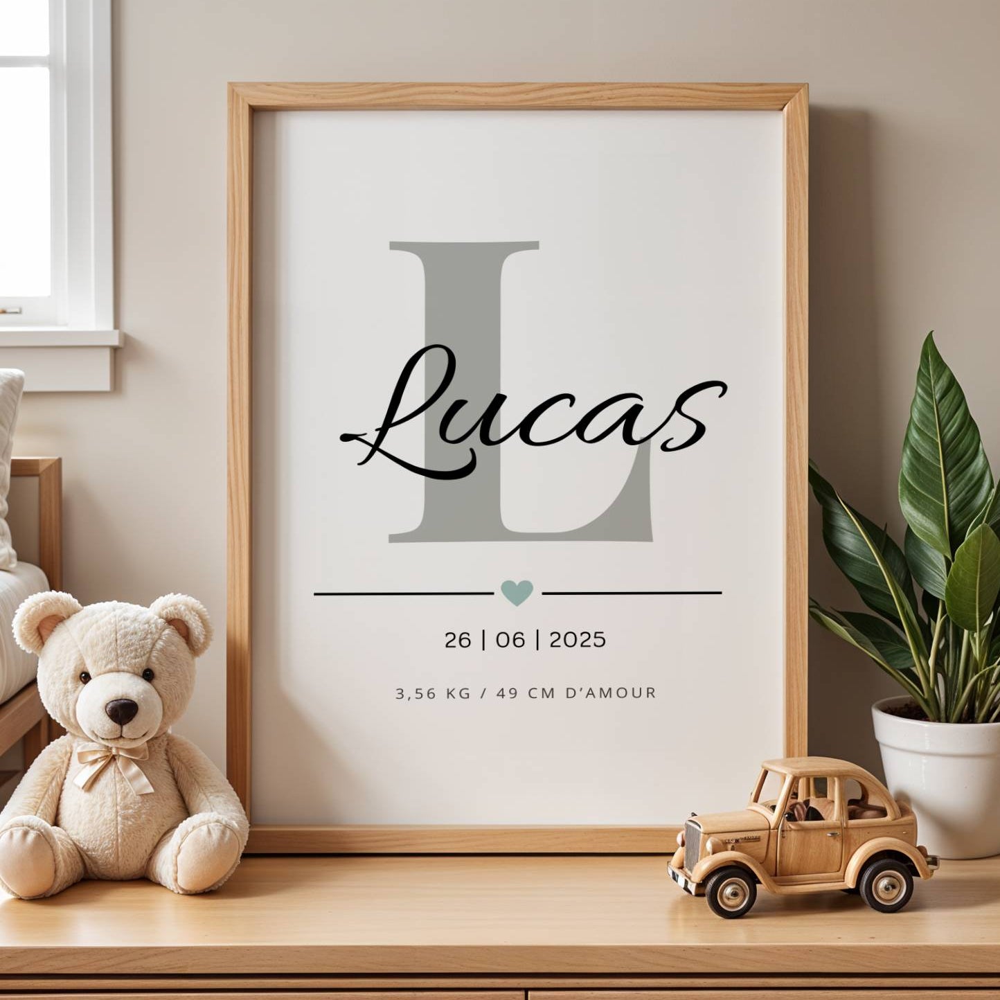 Affiche naissance personnalisée avec prénom, date, poids et taille bébé dans chambre enfant