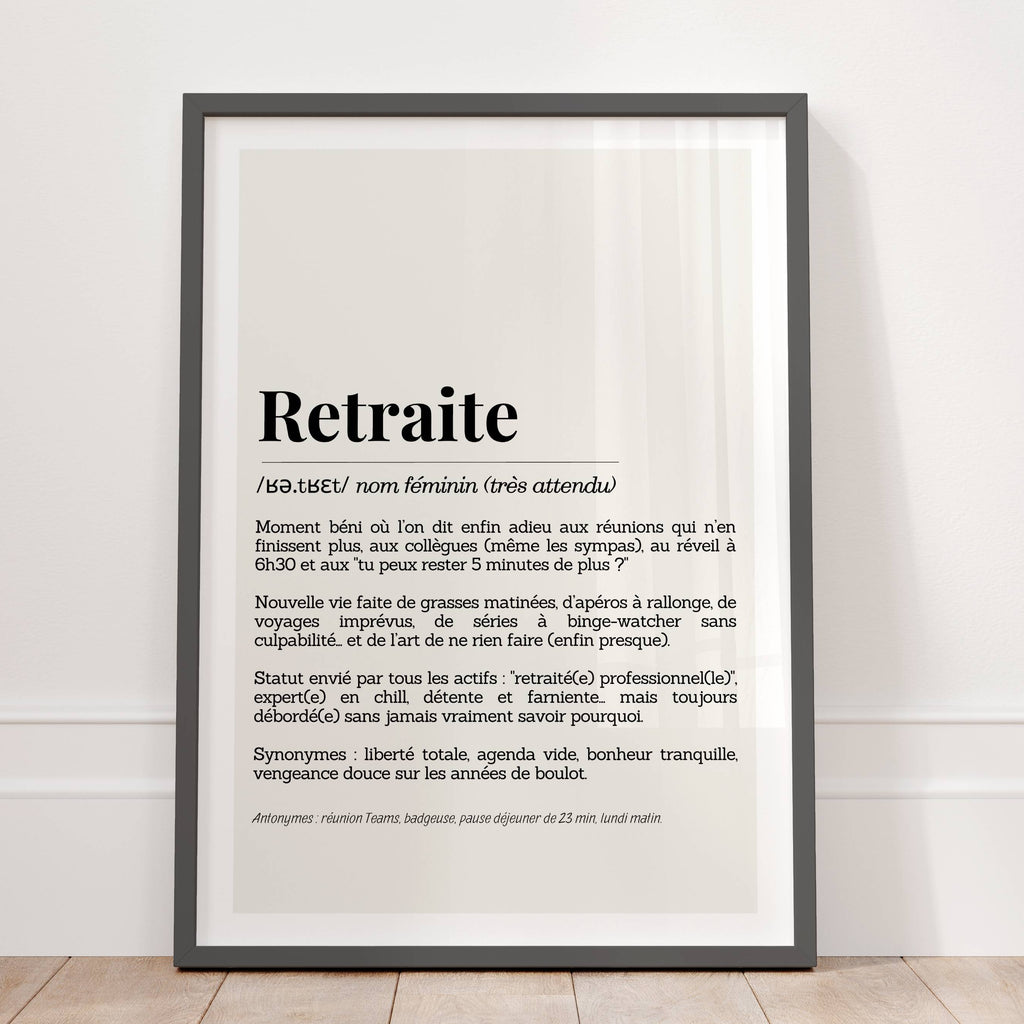 Affiche retraite humoristique définition au style minimaliste, idéale comme cadeau de départ à la retraite