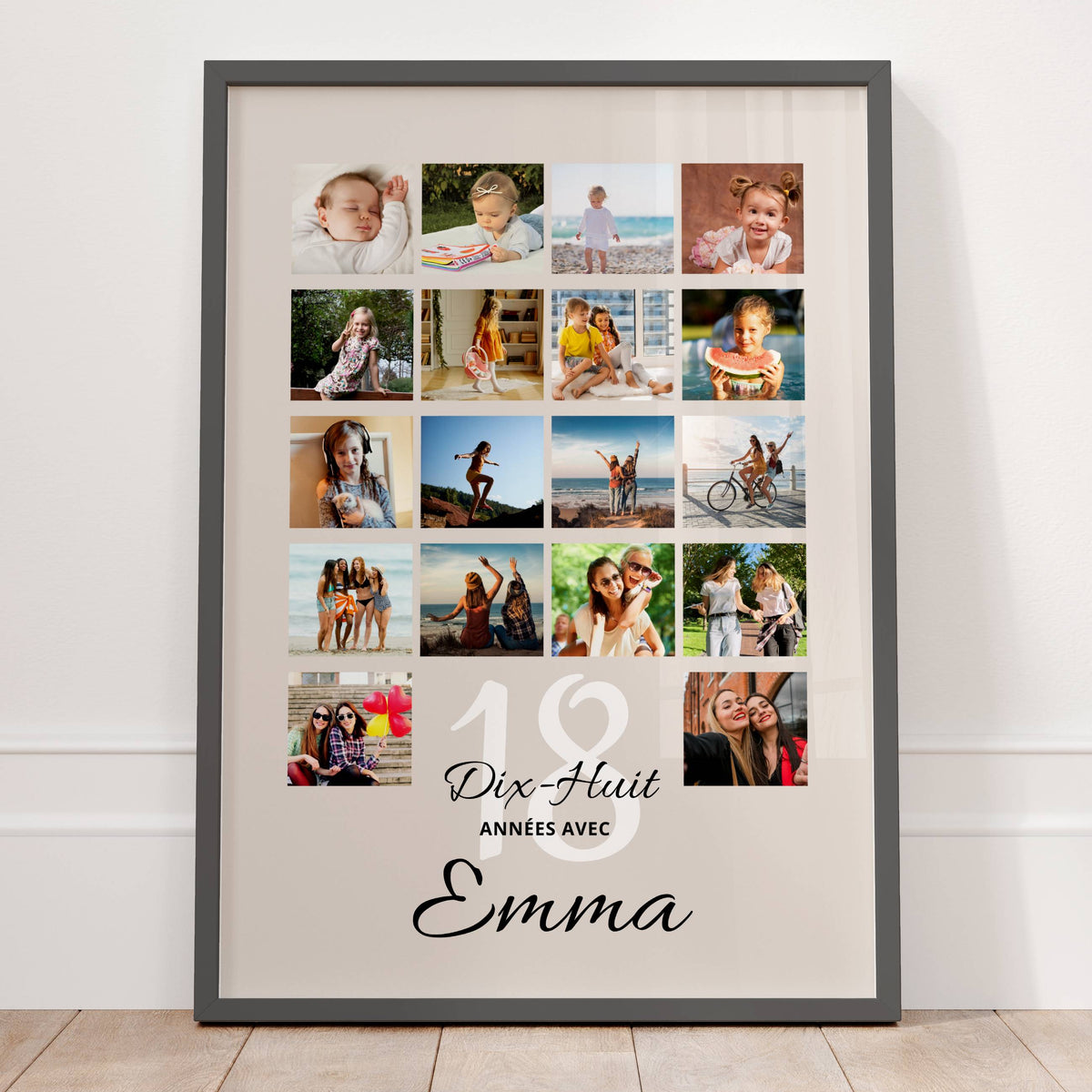Affiche photo anniversaire 18 ans personnalisée avec 18 souvenirs et prénom, présentée dans un cadre noir.