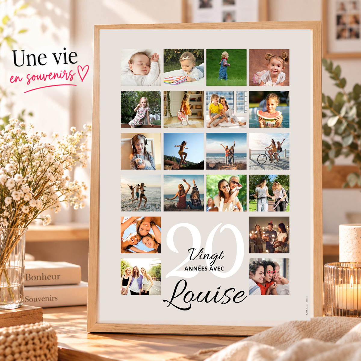 Affiche photo anniversaire personnalisée  20 ans  présentée dans un cadre en bois clair sur une console décorative.