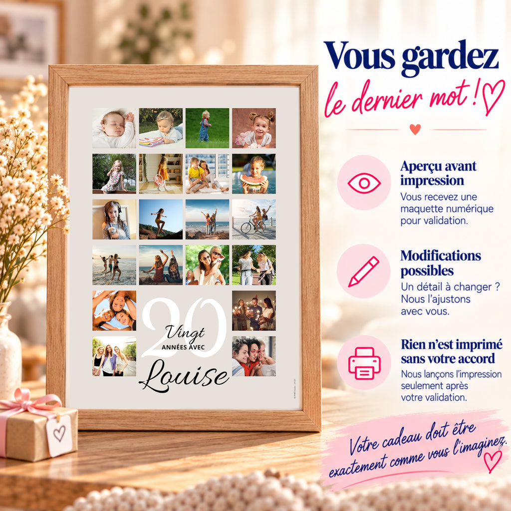 Affiche photo personnalisée 20 ans avec présentation de la maquette avant impression, des modifications possibles et de la validation client.