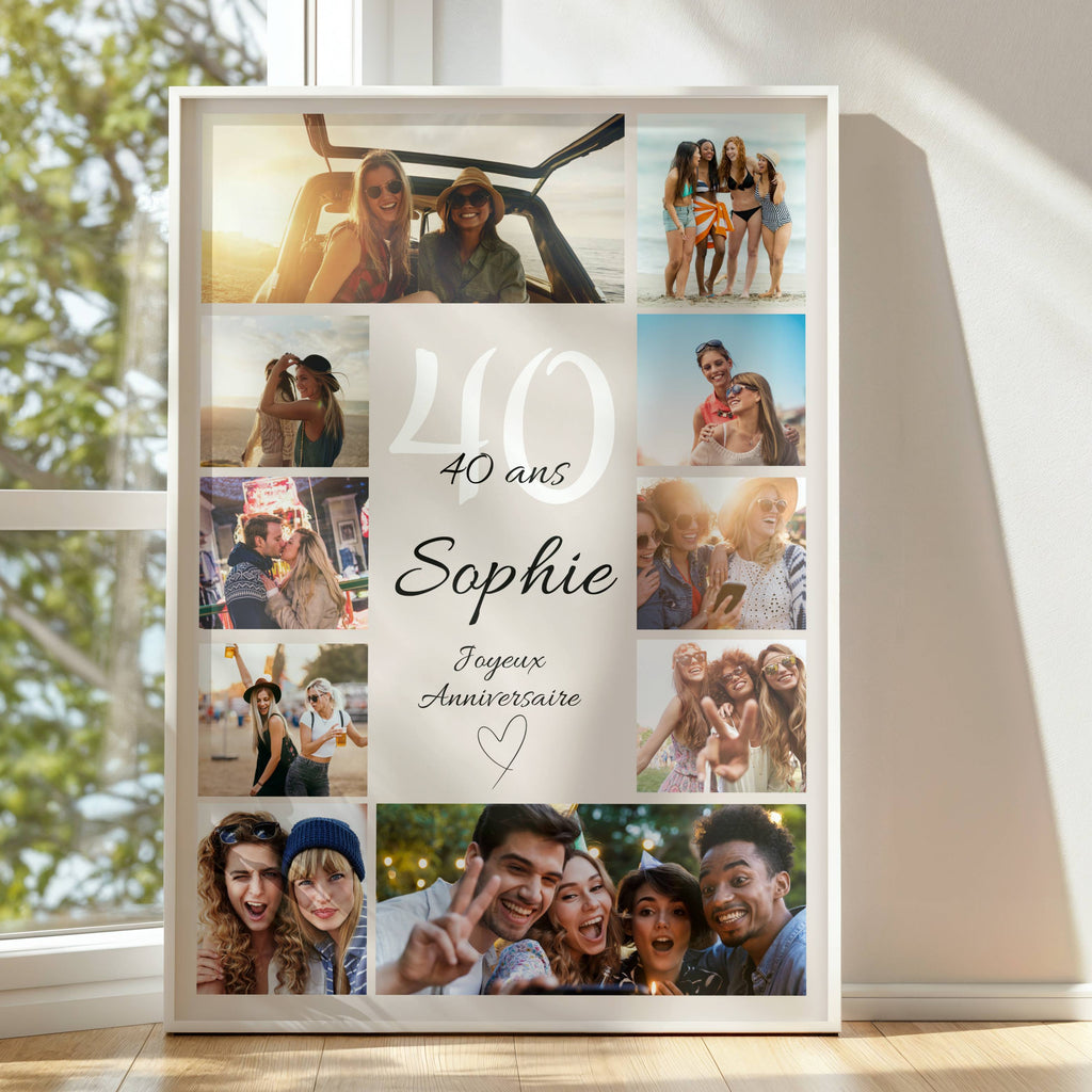 Affiche anniversaire 40 ans personnalisée avec collage de photos et prénom, dans un cadre blanc près d’une fenêtre lumineuse.