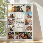 Affiche anniversaire 40 ans personnalisée avec collage de photos et prénom, dans un cadre blanc près d’une fenêtre lumineuse.