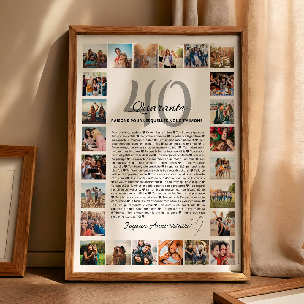 Cadeau anniversaire 40 ans femme avec affiche de 40 raisons personnalisables et photos souvenirs, encadrée en bois sur un meuble.