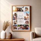 Affiche anniversaire 40 ans personnalisée avec photos et prénom accrochée au mur dans un cadre en bois, près d’une femme.