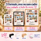 Affiche anniversaire photo personnalisée disponible en A4, 30 × 40 et 45 × 60 cm, avec cadres noir, blanc ou bois clair.
