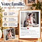 Personnalisation d'une affiche Mamie avec photo, texte sur mesure et prénom, présentée dans un cadre en bois clair