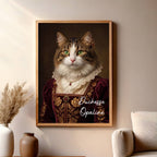 Portrait royal de chat personnalisé avec prénom, représentant une chatte blanche en costume de duchesse, encadré en bois dans un salon.