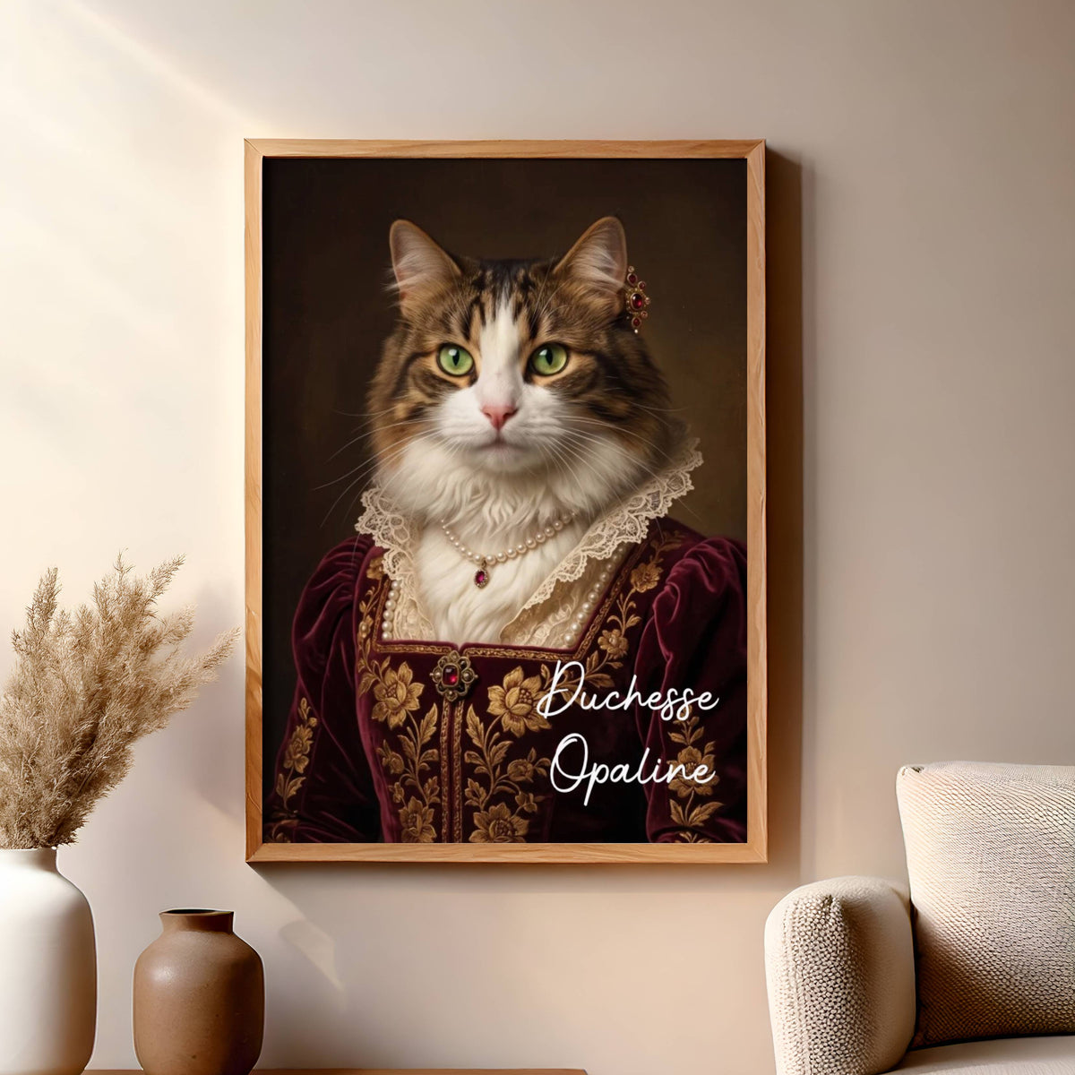 Portrait royal de chat personnalisé avec prénom, représentant une chatte blanche en costume de duchesse, encadré en bois dans un salon.
