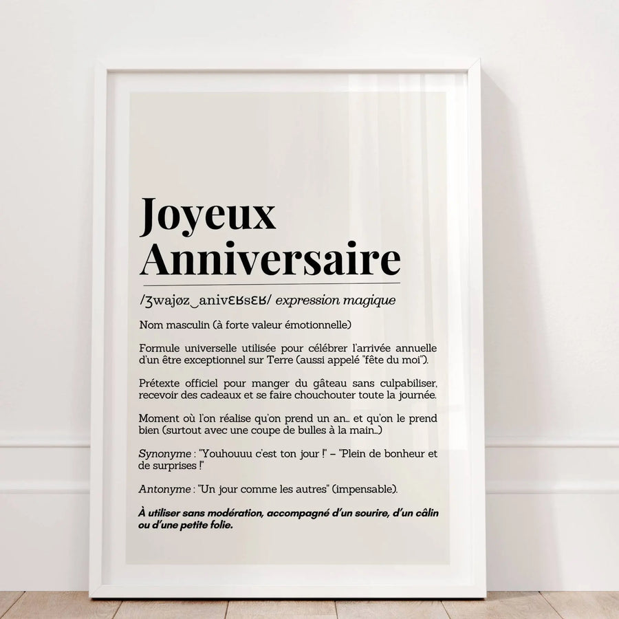 Détail affiche anniversaire – définition humoristique moderne