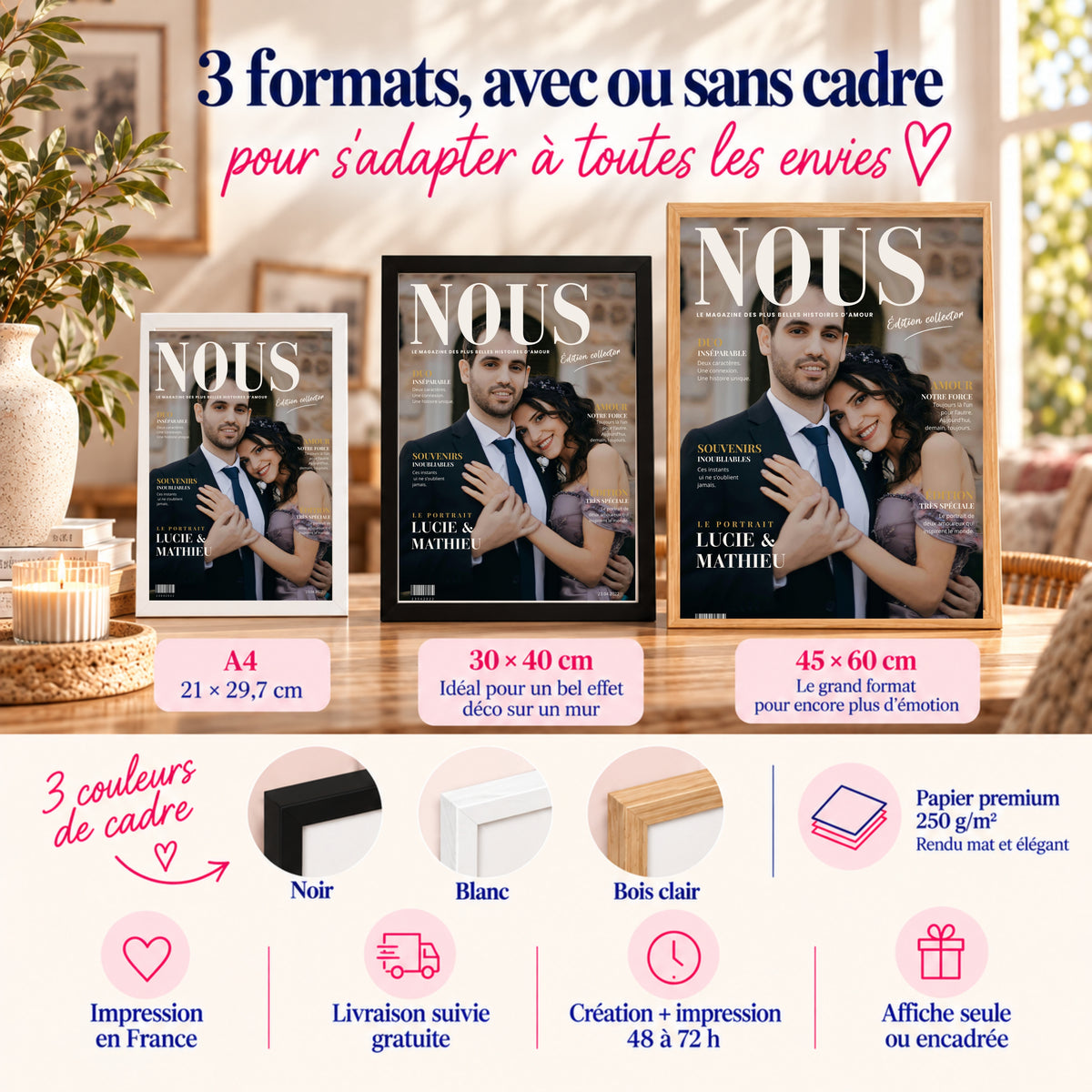 Affiche magazine couple disponible en trois formats, avec ou sans cadre noir, blanc ou bois clair