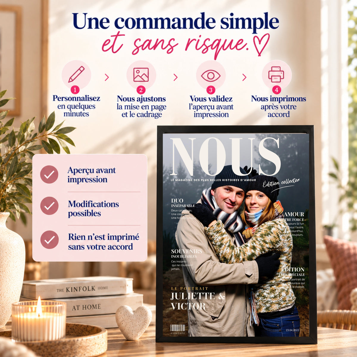 Étapes de personnalisation d'une affiche couple avec ajustement de la maquette et validation avant impression