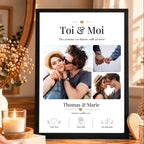 Affiche photo de couple personnalisée Toi & Moi dans un cadre noir, posée sur un meuble dans un intérieur chaleureux.